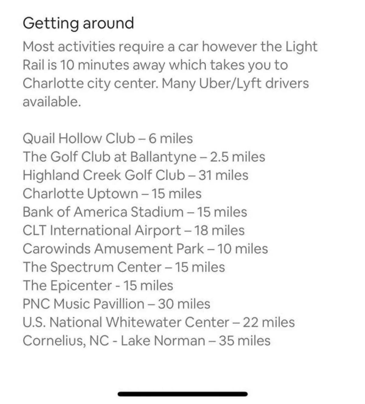 An interior shot featuring a display of 'Getting around' information and a list of nearby places to visit. This practical scene emphasizes the property’s proximity to business districts and attractions, making it easy for guests to plan and explore Charlotte.