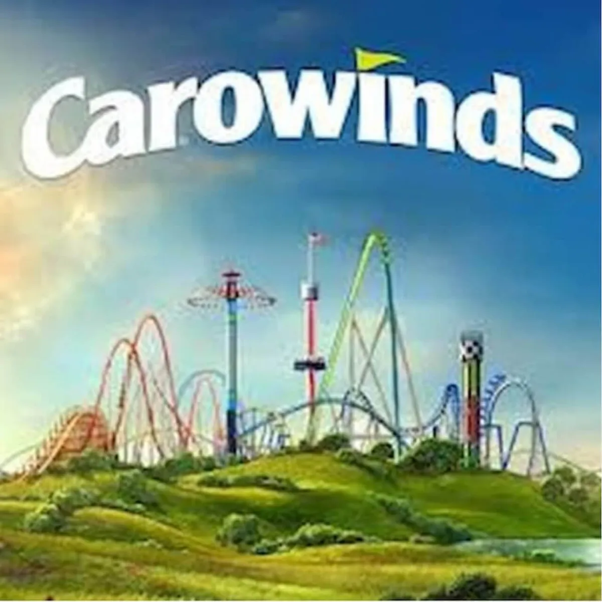 This image captures the vibrant scene at an amusement park, featuring prominent roller coasters, a ferris wheel, and other colorful rides under a sunny sky. Families, children, and groups are visible enjoying the lively atmosphere.